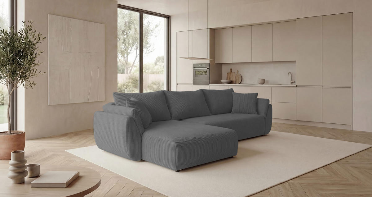 ECKSOFA SYDNEY links grau Cord Poso 55 - Schlaffunktion, Bettkasten - Grau, Textil (280/174cm) - Cornero