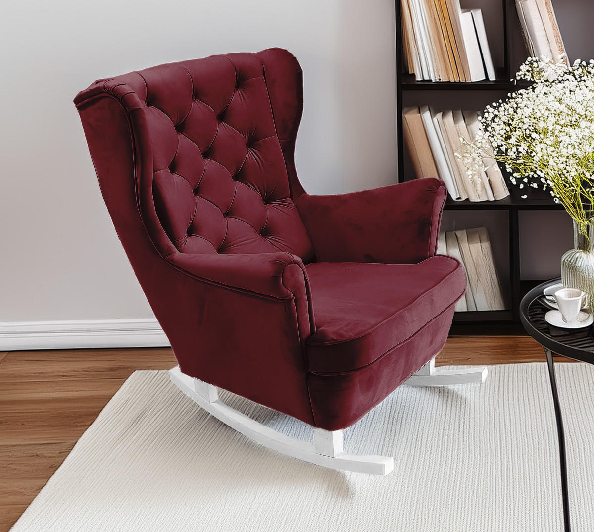 SCHAUKELSESSEL mit gepolstertem Sitz und Armlehnen, 102x81x95 cm, Burgunderrot_29835 - Bordeaux/Weiß, Holz/Textil (81/102/95cm) - DomoHome