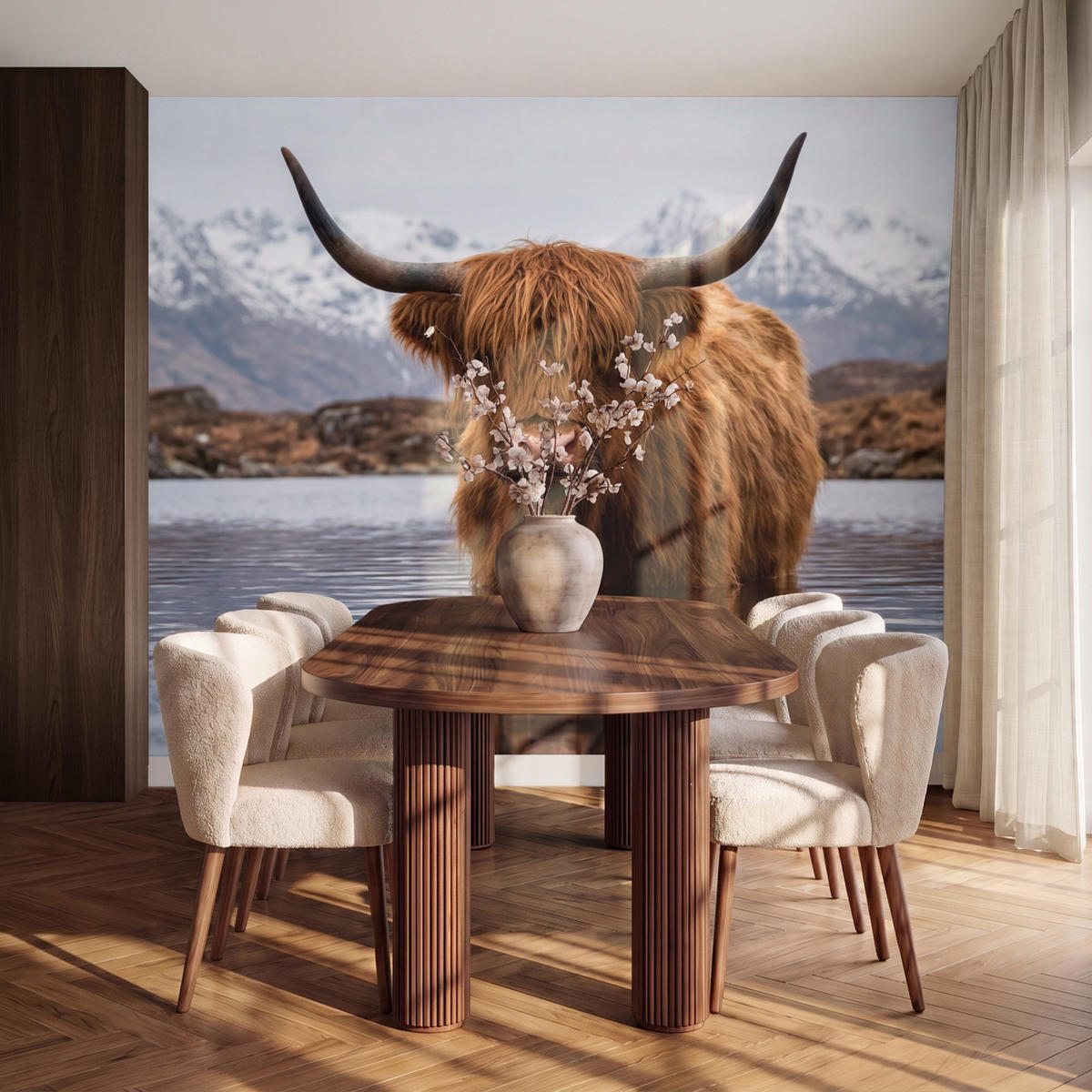 TAPETE - Schottischer Hochländer - Braun - Wasser - 240x200 cm - Braun, Papier (240/200cm) - OnlyWow