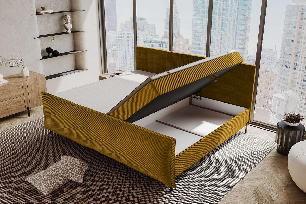 FAMILIENBETT BOXSPRINGBETT VERO PLUS Cordstoff Goldfarben 240/200 cm - Goldfarben/Schwarz, Holzwerkstoff/Textil (240/200cm) - 99rooms