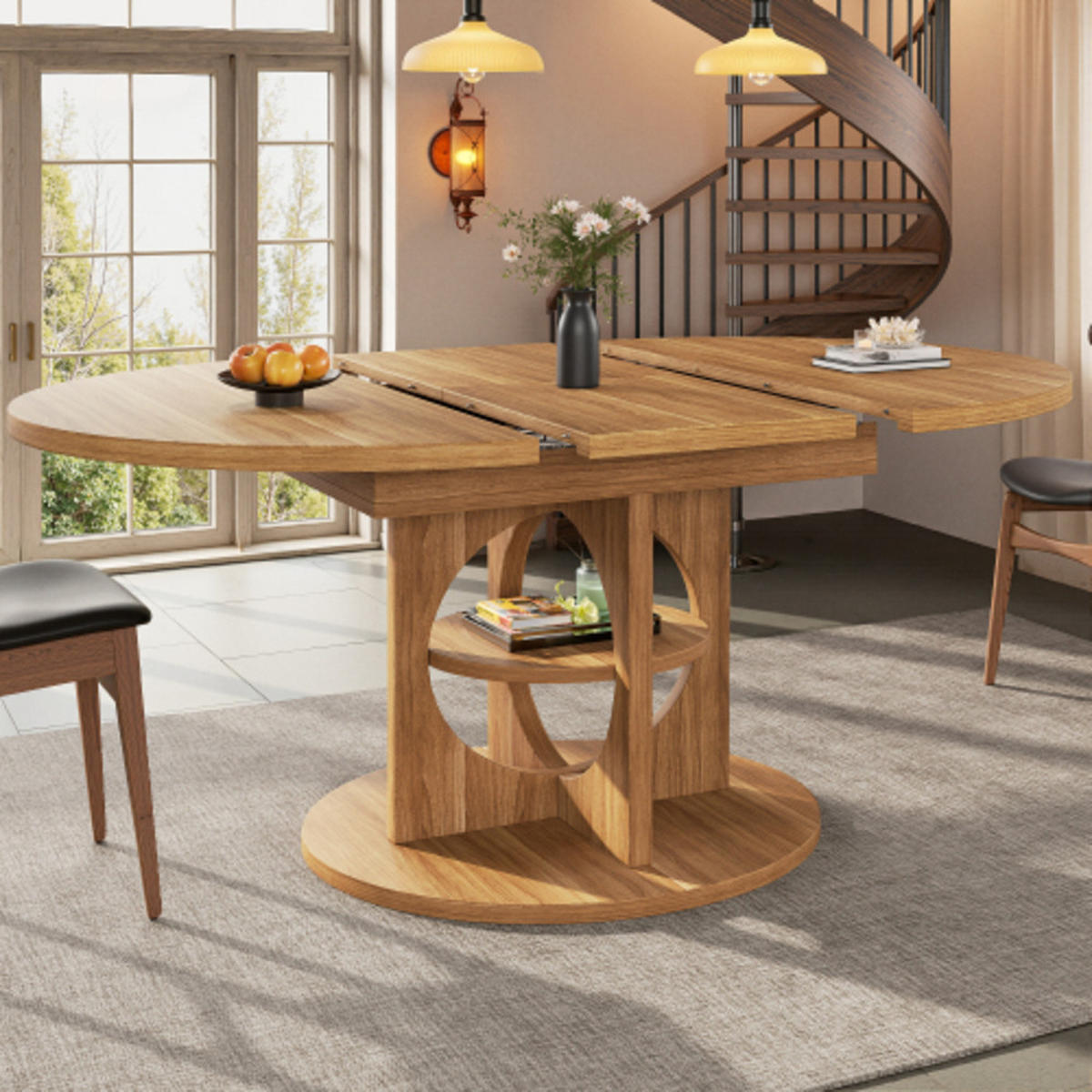 ESSTISCH Ausziehbarer 110-150×110×76 cm aus MDF und Metall mit mittlerem Ablageregal, naturfarben - Naturfarben, Holzwerkstoff (150/110/76cm) - Luhomfu