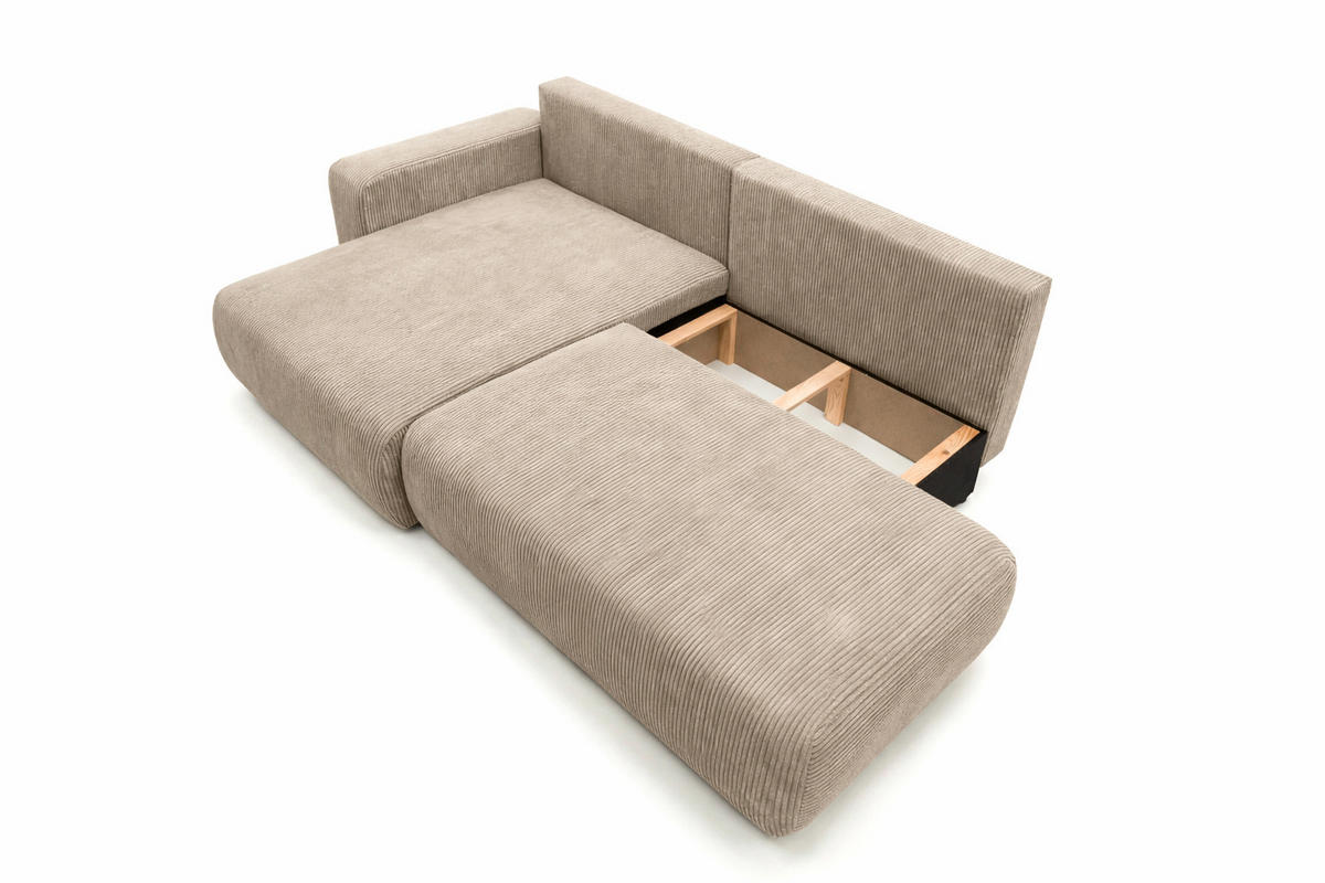 ECKSOFA Mit Schlaffunktion Und Bettkasten, Cordstoff Poso, Dunkelbeige, Links, OPEN XL - Beige, Holz (262/145cm) - Kaiser Möbel