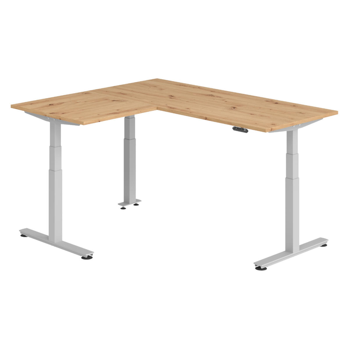 ECKSCHREIBTISCH elektrisch höhenverstellbar L-Form 160/180/74 cm in Wildeiche/Silberfarben - Wildeiche/Silberfarben, Holzwerkstoff (160/180/74cm) - bümö
