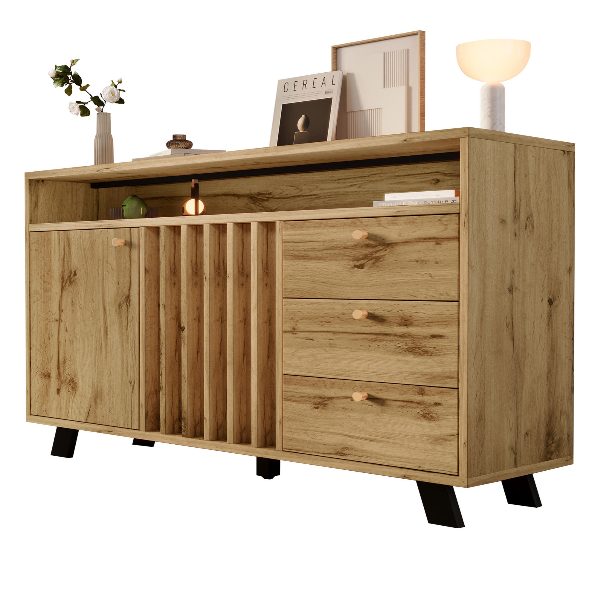 SIDEBOARD aus Holz 120x40x85 cm Dunkle Eiche mit 3 Schubladen, 2 Türen, offenem Fach und Lamellenfront - Braun, Holzwerkstoff (120/85/40cm) - Modfu