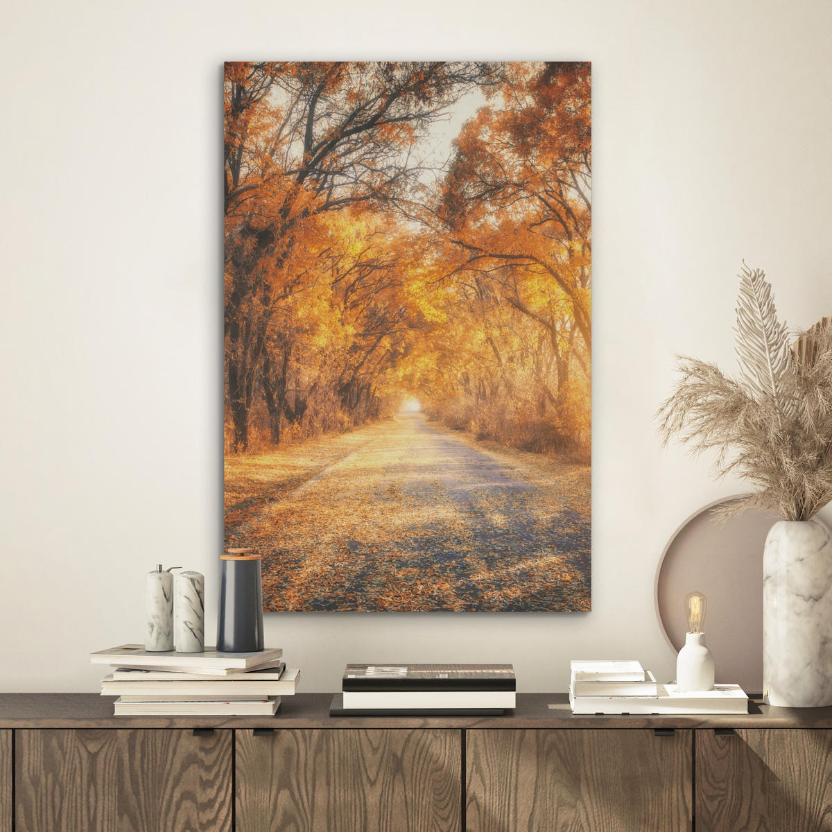AKUSTIKBILD Wald - Herbst - Bäume - Waldweg - Natur Kunstdruck Schlafzimmer 50x70 cm - Bernsteinfarben, Kunststoff (50/70/0.9cm) - MuchoWow