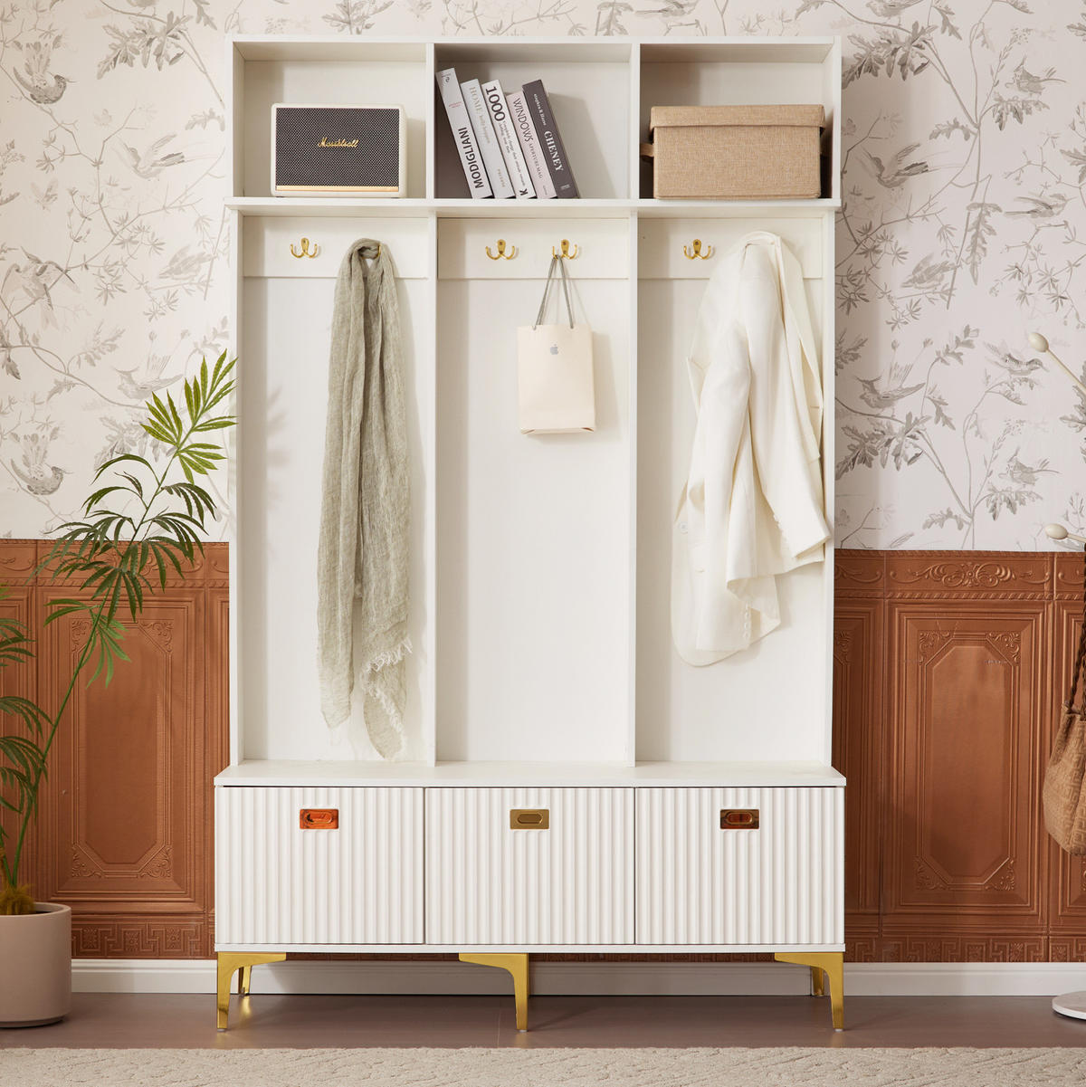 GARDEROBE mit Sitzbank, Spanplatte mit goldfarbenen Details, 120/23,5/191,5 cm, Weiß - Weiß, Holzwerkstoff (40/191/120cm) - Redom