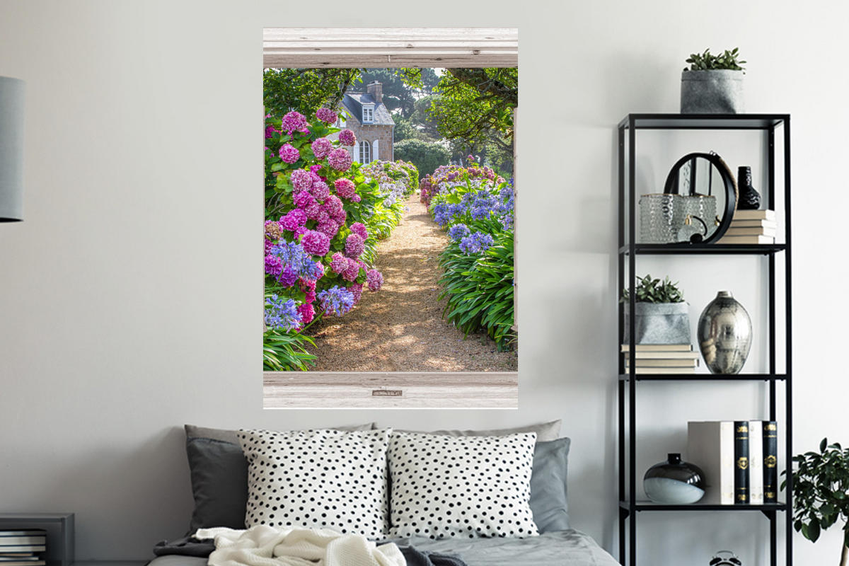 WANDTATTOO Hortensie - Fensterblick - Blumen - Sommer - Lila - Weg 80x120 cm - Lila, Kunststoff (80/120/0.1cm) - MuchoWow