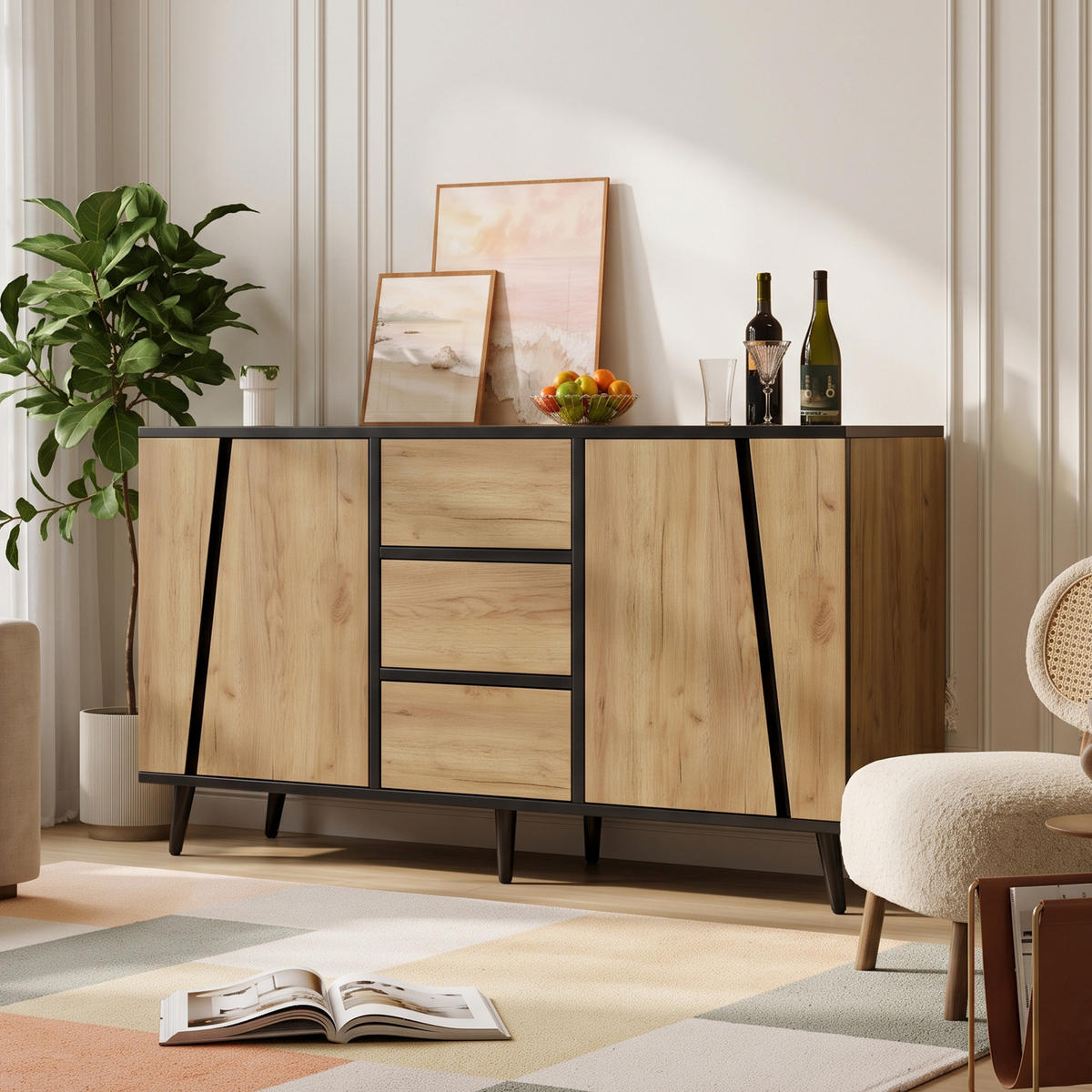 SIDEBOARD AUFBEWAHRUNGSSCHRANK Naturholz & Schwarz 2 Türen 3 Schubladen 120cm - Naturfarben, Holzwerkstoff (120/70/40cm) - Urban Meuble