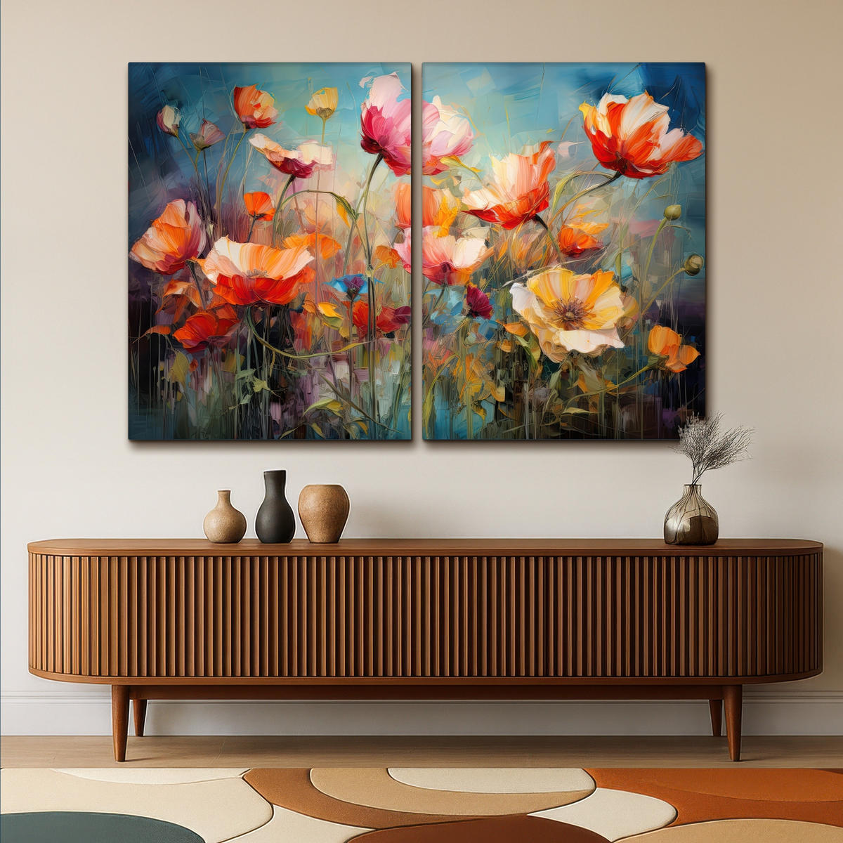 LEINWANDBILD 2er Set Blumen - Bunt - Abstrakt 180x120 cm - Blaugrau, Textil (180/120cm) - MuchoWow