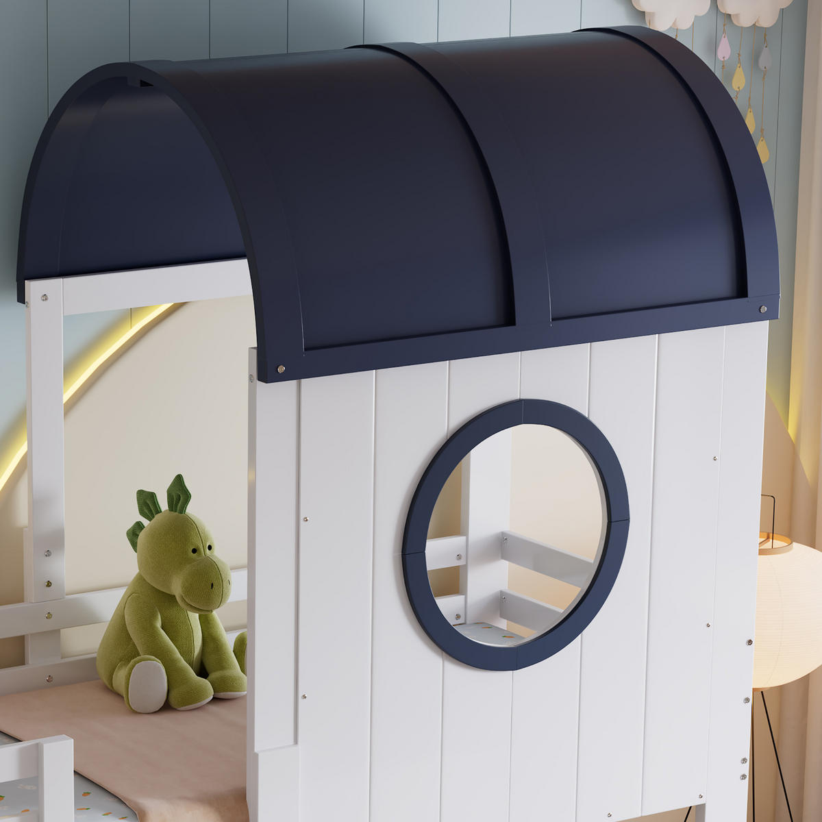 ETAGENBETT 90/200 cm Weiß+Dunkelblau mit Dach und Fenster aus Kiefer und MDF - Weiß, Holzwerkstoff (90/200cm) - OKWISH