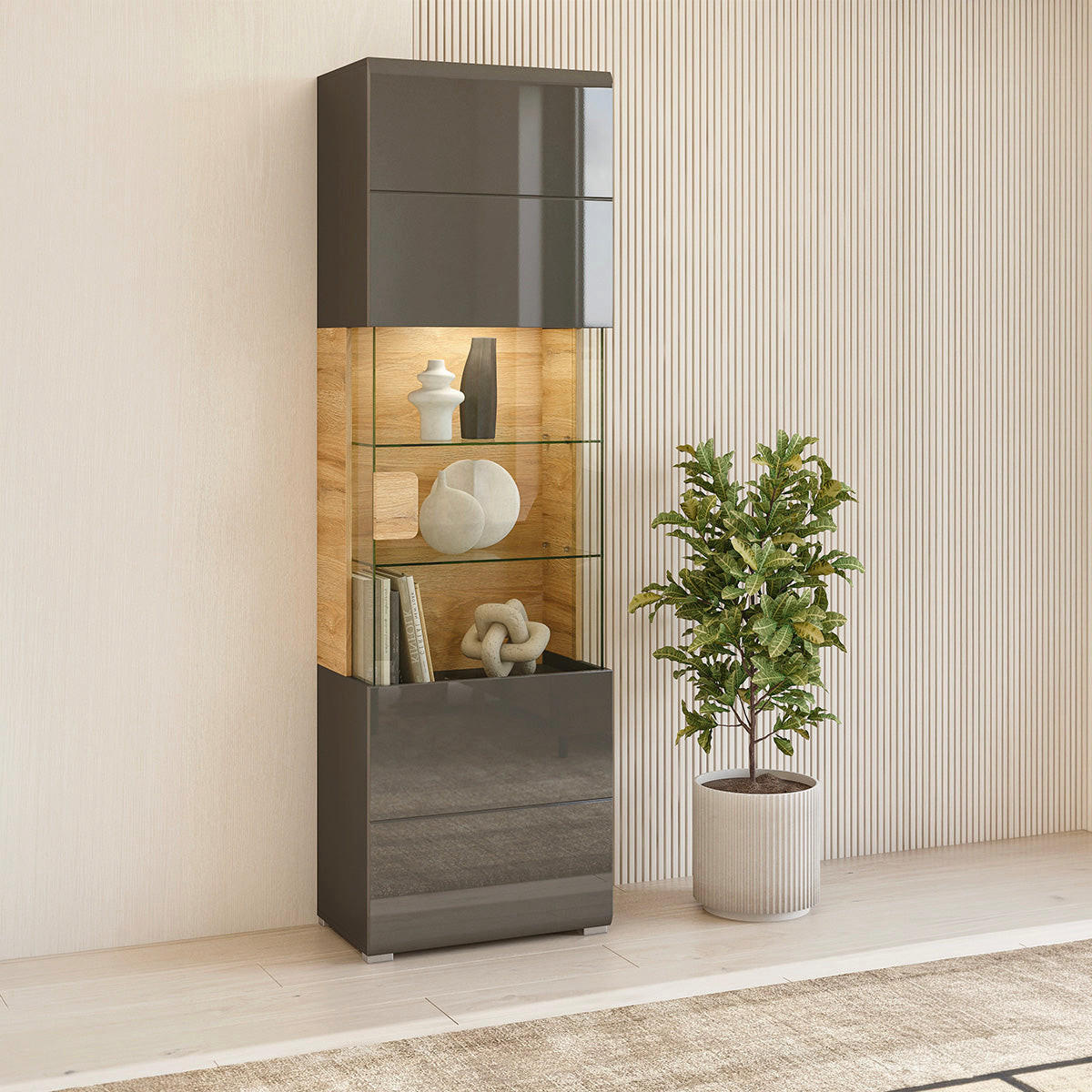 VITRINE Jules Grau und Holz - Grau, Holzwerkstoff (61/204/39cm) - Petits-meubles