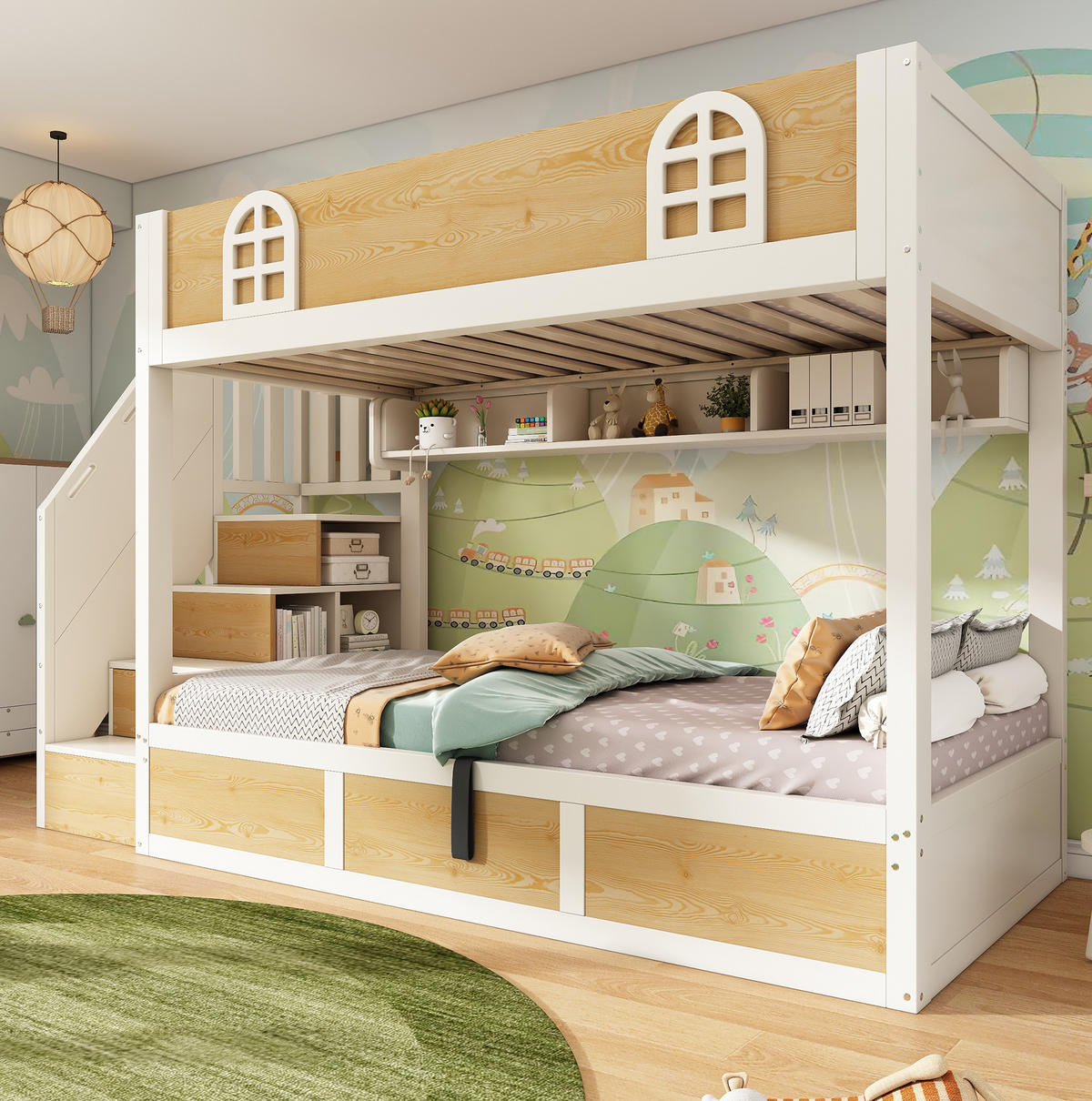 ETAGENBETT 90/200 cm aus Holz und Metall mit Treppenschrank und Stauraum Weiß/Natur - Naturfarben, Holz (90/200cm) - Modenvie