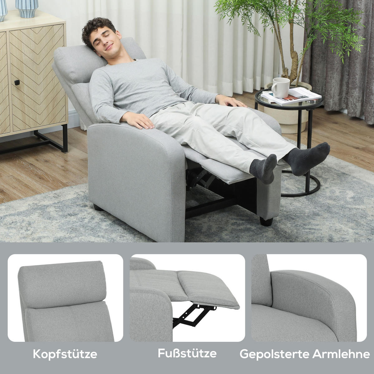 RELAXSESSEL DE-06317 verstellbar 135°, ausziehbare Fußstütze Hellgrau - Hellgrau, Textil/Metall (88/101/69cm) - ComfortXL
