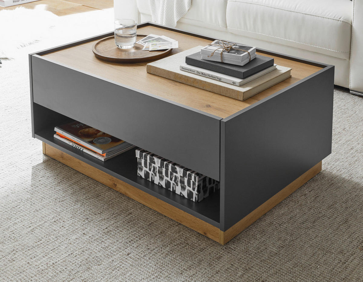 COUCHTISCH grau matt, Eiche Wotan 90 x 60 cm, Wohnzimmertisch mit Stauraum - Eiche Wotan/Grau, Holzwerkstoff/Metall (90/60/38cm) - Furn.Design