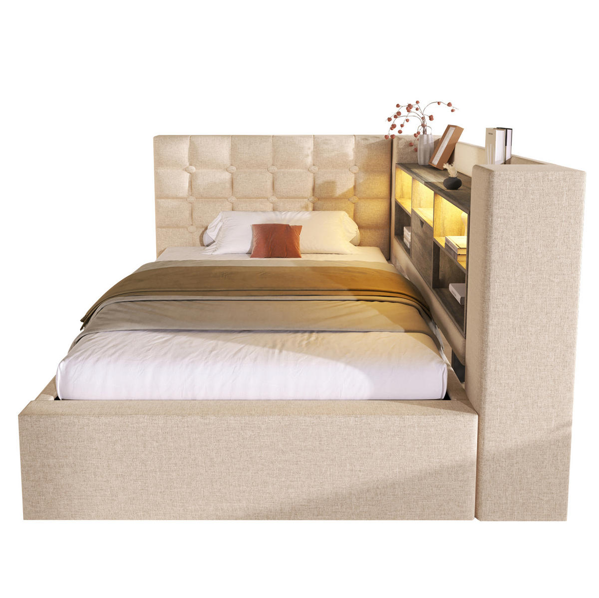 POLSTERBETT 90/200 cm Beige aus Leinen mit Stauraum und LED - Beige, Textil (90/200cm) - OKMYHOME