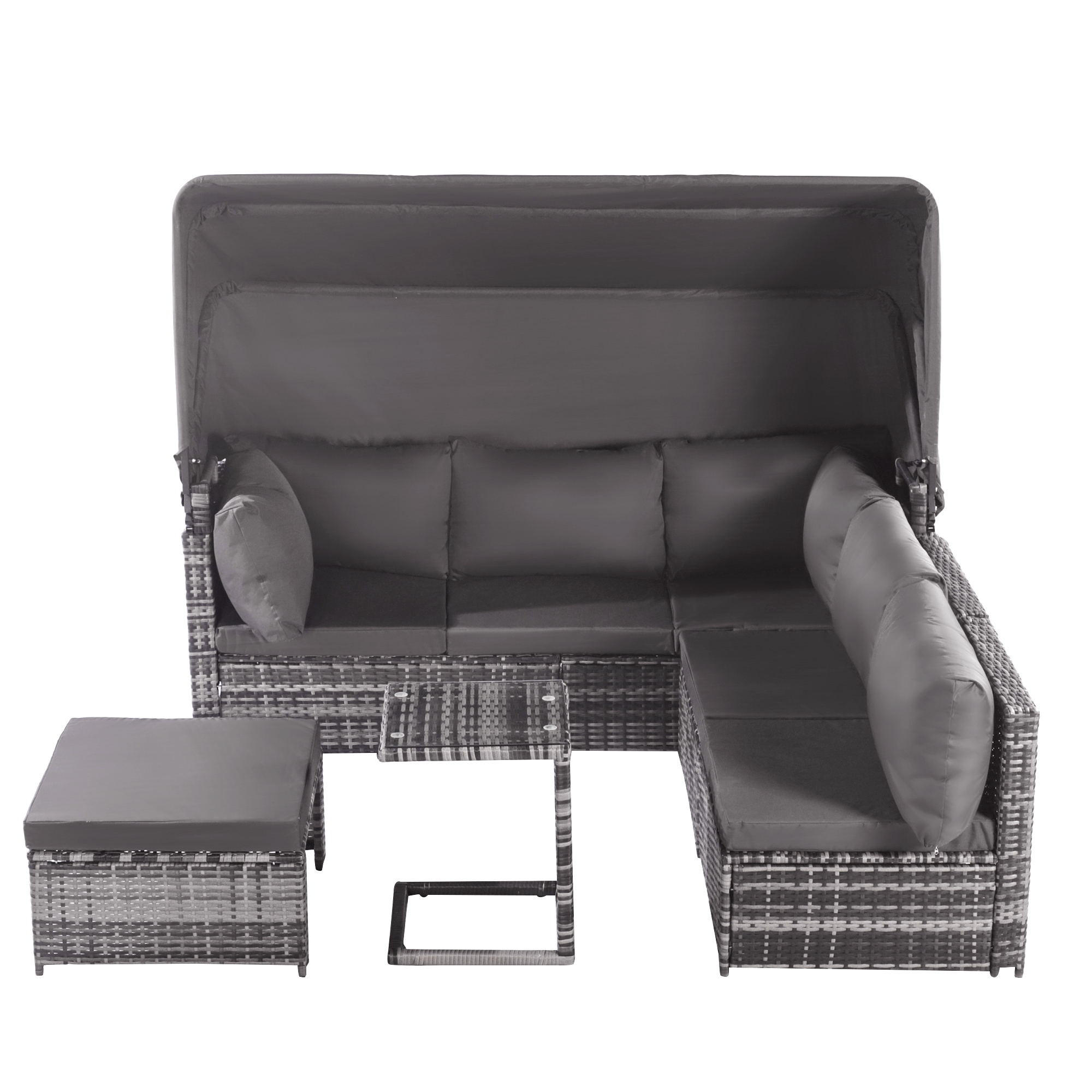 GARTENLOUNGE 194/70/157 cm grau aus Rattan mit Sonnendach - Grau, Kunststoff - OKWISH
