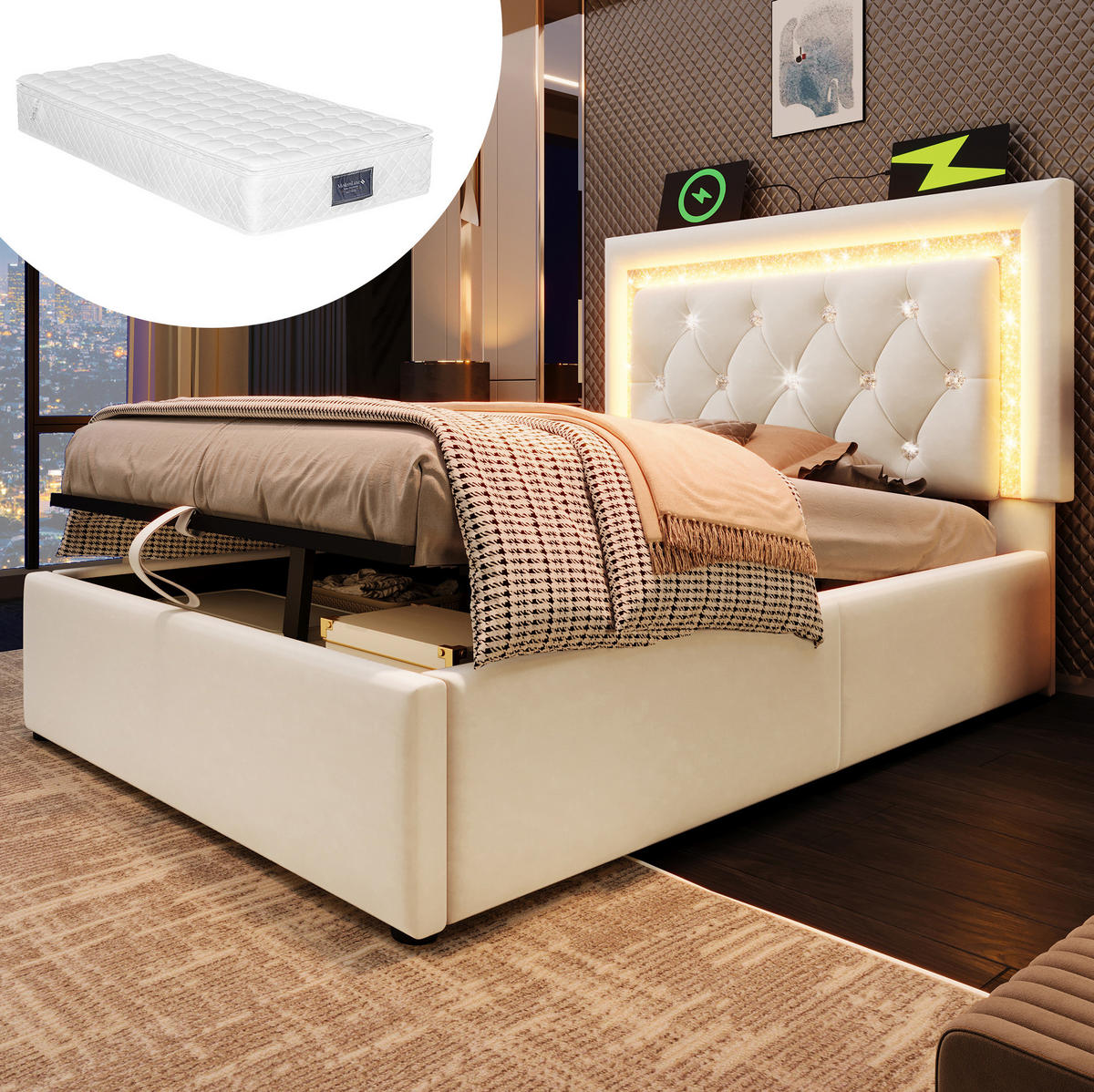 POLSTERBETT 90/200 cm Beige aus Samt mit LED, USB-Ladestation und Bettkasten - Beige, Textil (90/200cm) - OKMYHOME