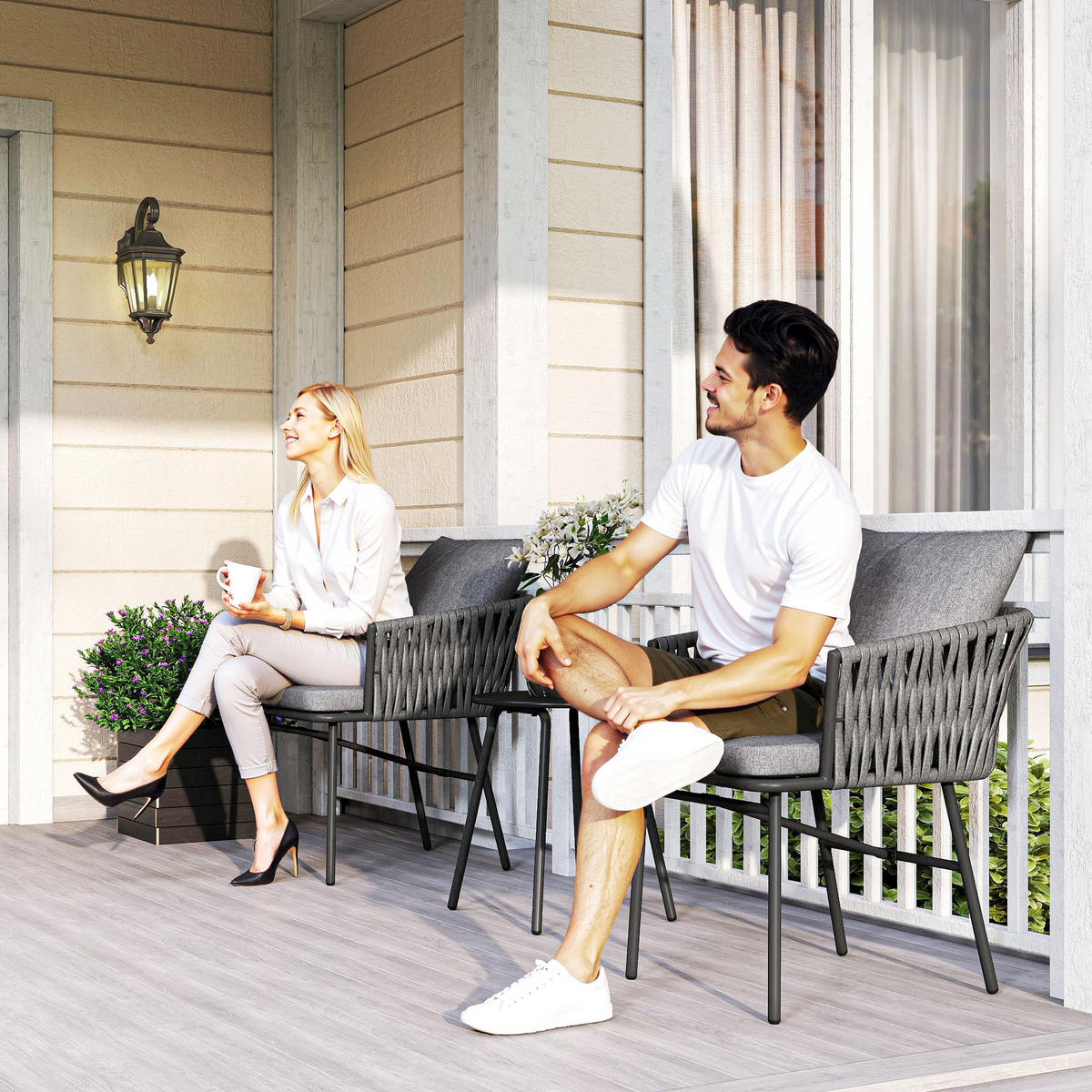 RATTAN-BISTROSET 3er Set Stahl PE-Rattan Grau - Grau, Textil/Metall - Outsunny