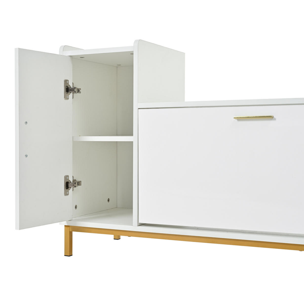 SCHUHBANK 100/38/68 cm in Weiß/Gold mit Sitzfläche, 2 Klappenfächern und Schrank - Weiß, Holzwerkstoff (100/68/38cm) - BEAOK