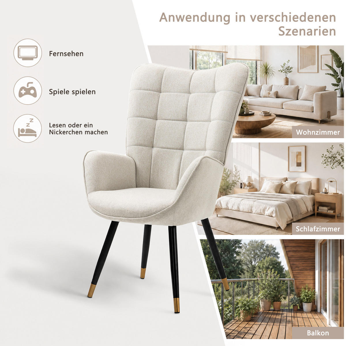 RELAXSESSEL aus Stoff im skandinavischen Stil, gepolsterte Sitzfläche mit Armlehnen, schwarze und goldene Metallbeine in Beige - Beige, Textil/Metall (50/106/68cm) - Meubles Cosy