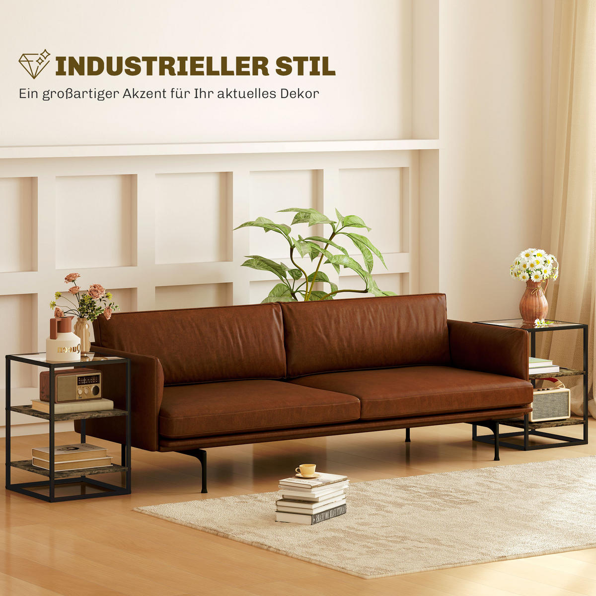 BEISTELLTISCH 2er-Set mit Glasplatte, 37 x 40 x 55,5 cm, Rustikales Braun - Braun, Glas (37/40/55.5cm) - HOMCOM