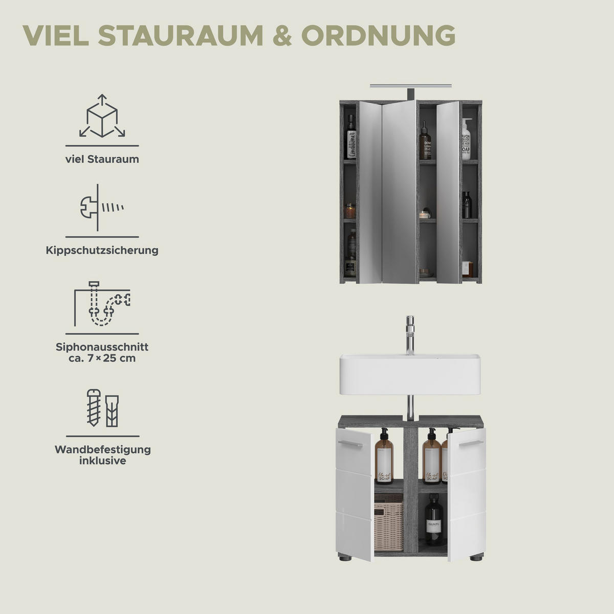 BADKOMBINATION 2tlg. inkl. Beleuchtung Blake Bad in Rauchsilber Nb. und weiß HG B/H/T: 60x191x34 cm - Anthrazit, Holz (64/191/34cm)