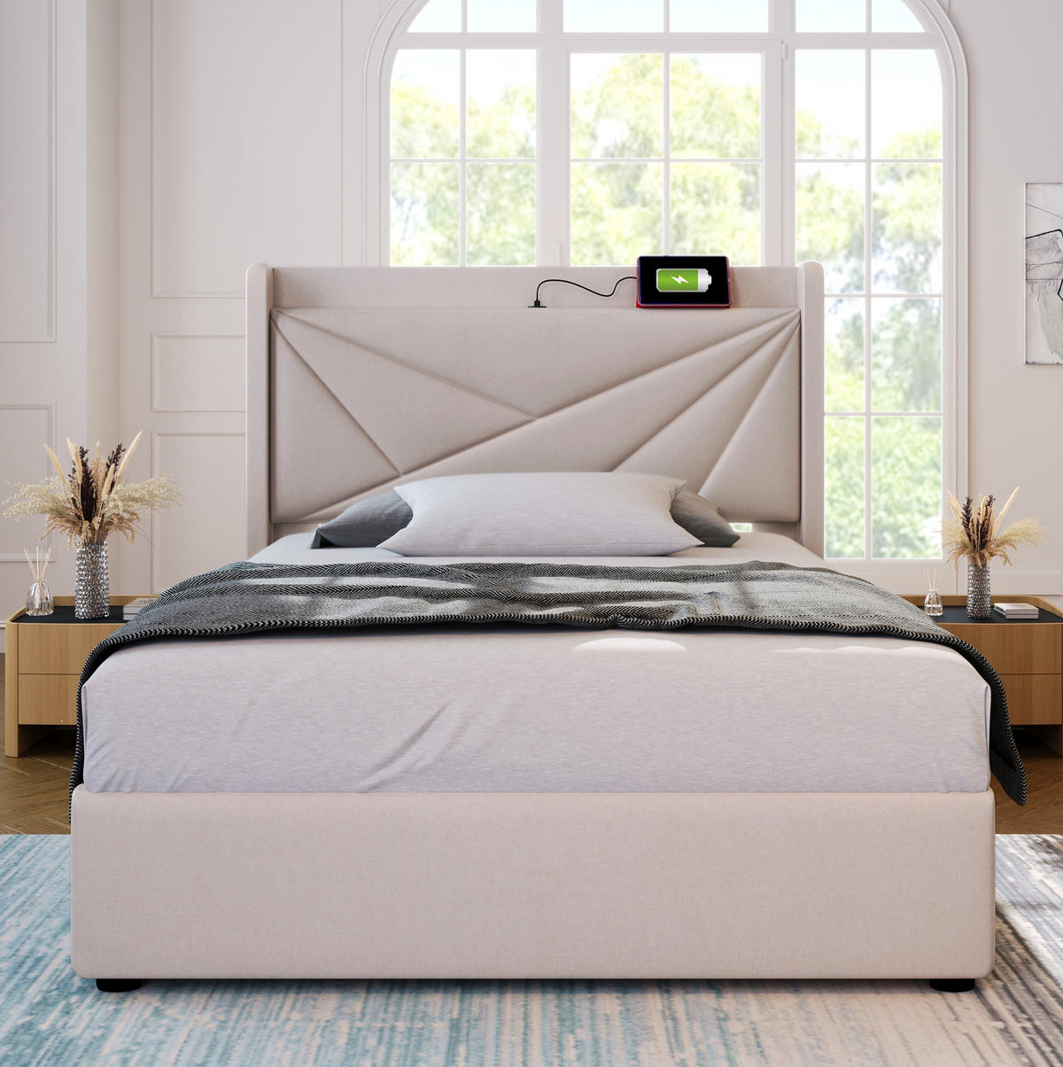 POLSTERBETT 90/200 cm mit Bettkasten, USB/Typ-C und gepolstertem Kopfteil - Beige, Textil (90/200cm) - BEAOK