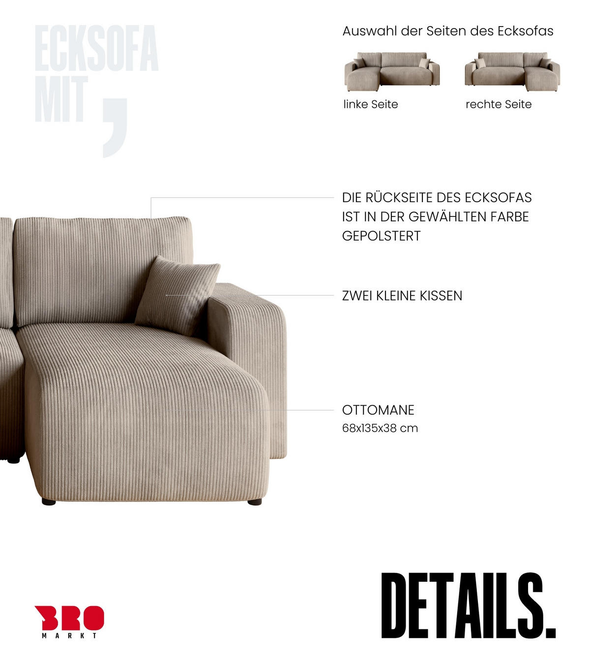 ECKSOFA PUMI mit Schlaffunktion Beige Cord - Beige, Textil (244/148cm) - Bromarkt