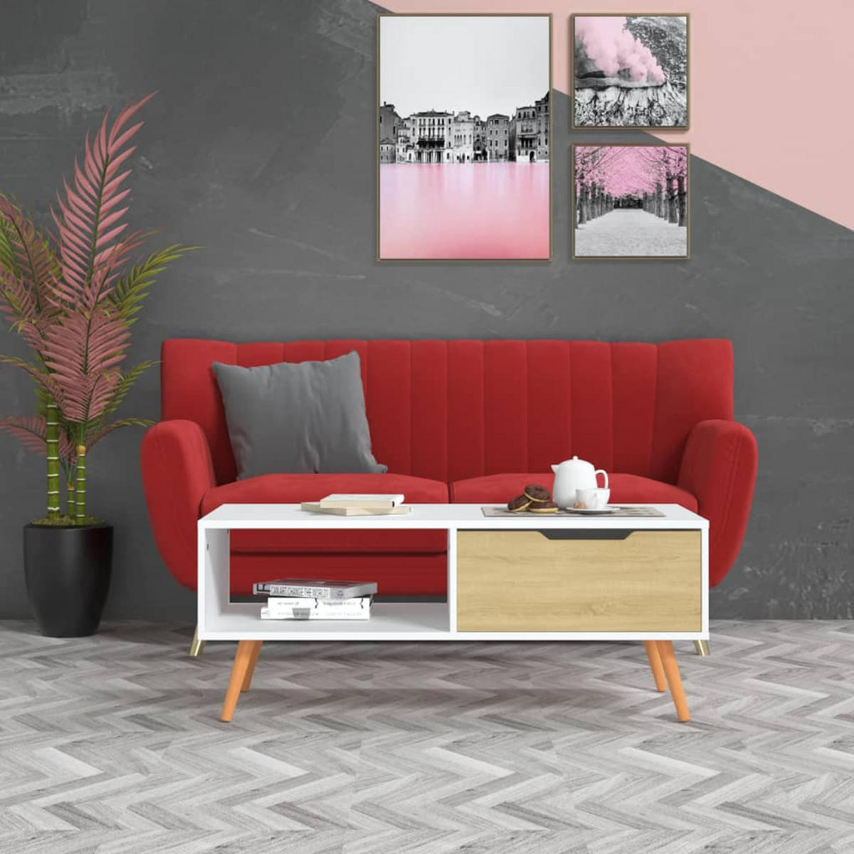 COUCHTISCH Weiß und Sonoma-Eiche 100x49,5x43 cm Holzwerkstoff - Beige, Holzwerkstoff (49.5/100/43cm) - furnicato