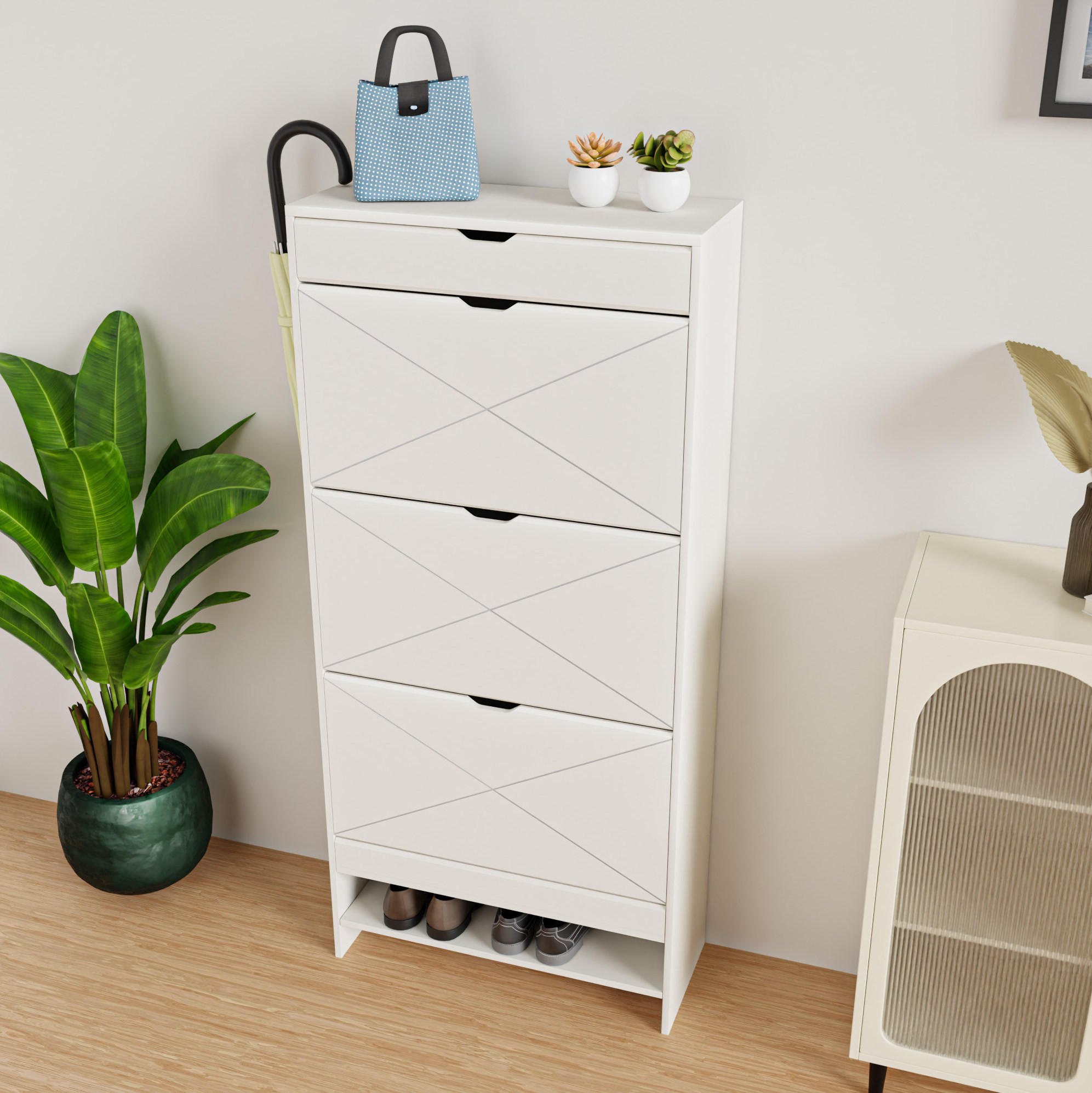 SCHUHSCHRANK 63/26/136.5 cm Weiß aus MDF mit 3 Klappen und Schublade - Weiß, Holzwerkstoff (63/136.5/26cm) - OKMYHOME