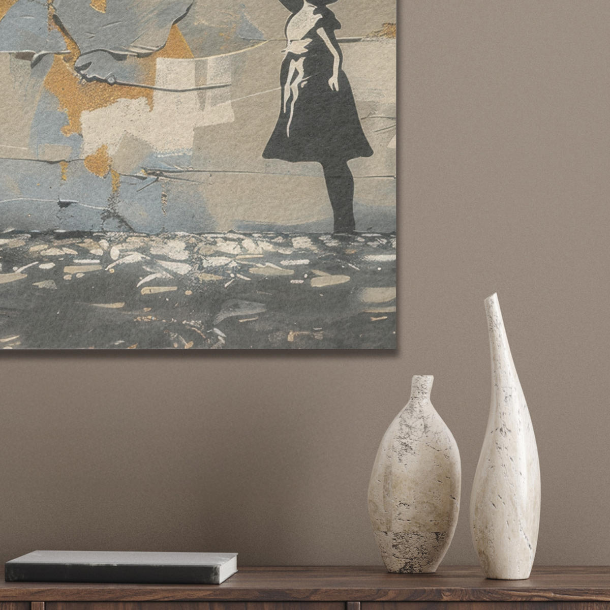AKUSTIKBILD Baum - Graffiti - Banksy-Stil - Ballon-Mädchen Kunstdruck Schlafzimmer 50x70 cm - Blaugrau, Kunststoff (50/70/0.9cm) - MuchoWow