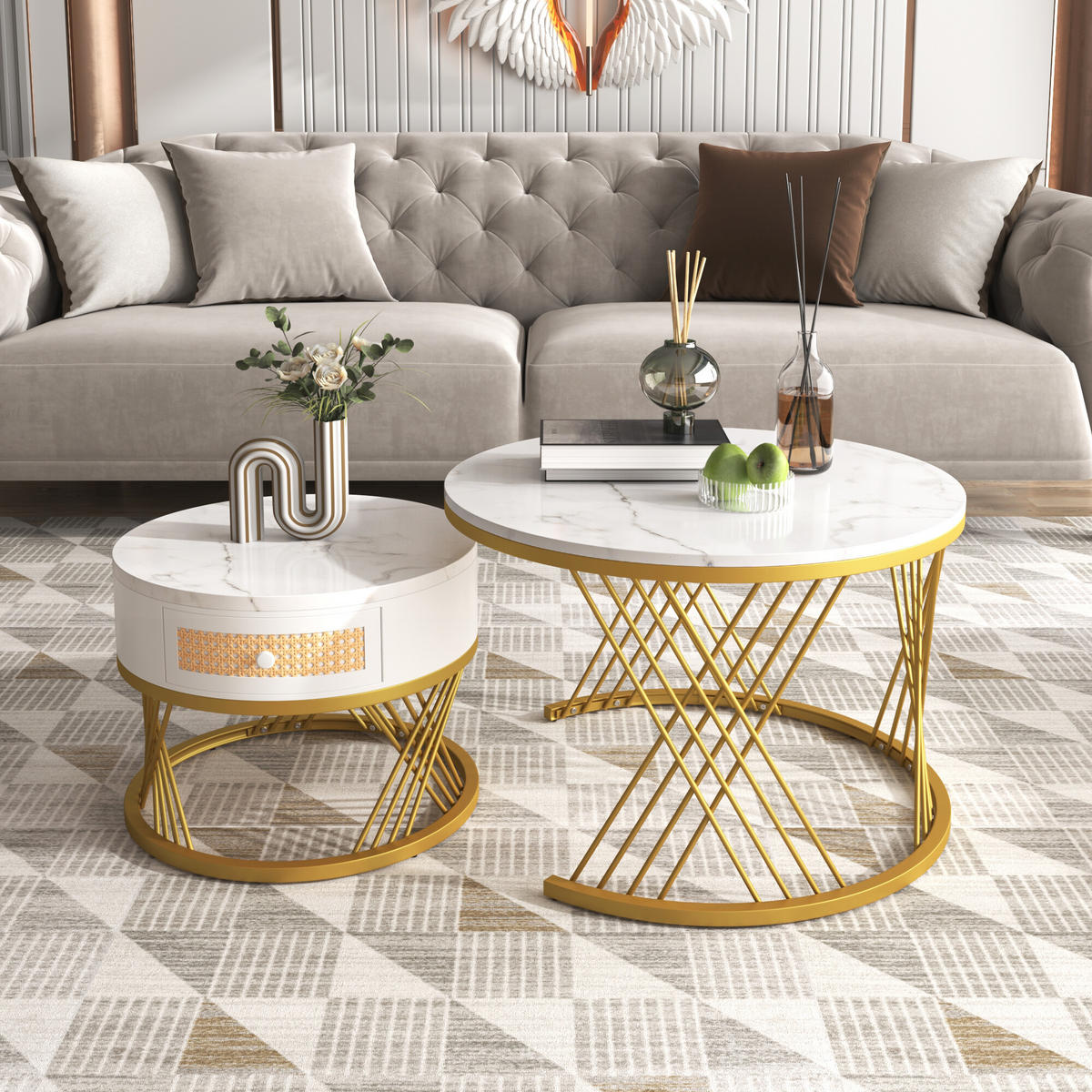 COUCHTISCHSET 2er-Set Rund Weiß - Weiß, Holzwerkstoff/Metall (70/70/45.5cm) - Urban Meuble
