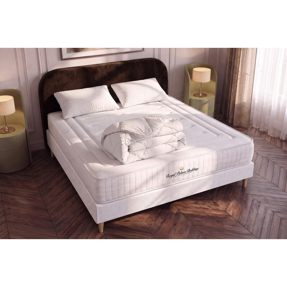 BETT Nottingham Memory-Schaum 160 x 200 cm h3 - Kit Bettgestell Weiß - Mit Kissen und Bettdecke - Beige/Weiß, Karton/Holz (160/200cm) - ROYAL PALACE BEDDING