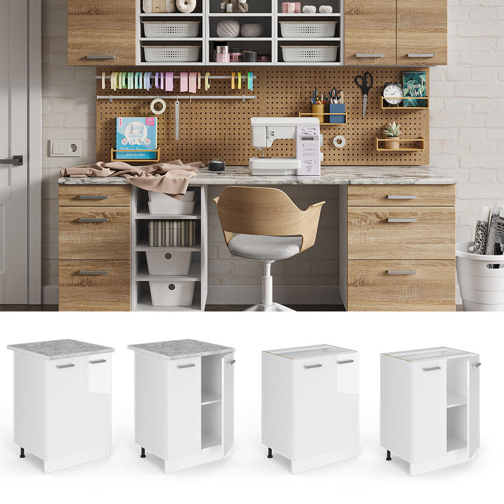 UNTERSCHRANK R-Line Weiß Hochglanz 60 cm mit Türen, mit Arbeitsplatte - Weiß Hochglanz/Weiß, Holzwerkstoff (60/81.6/60cm) - Vicco