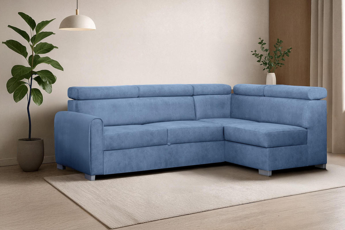 ECKSOFA Covo Blau, mit Bettzeugablage und verstellbaren Kopfstützen, rechte seite - Blau, Holzwerkstoff (253/156cm) - Bettso
