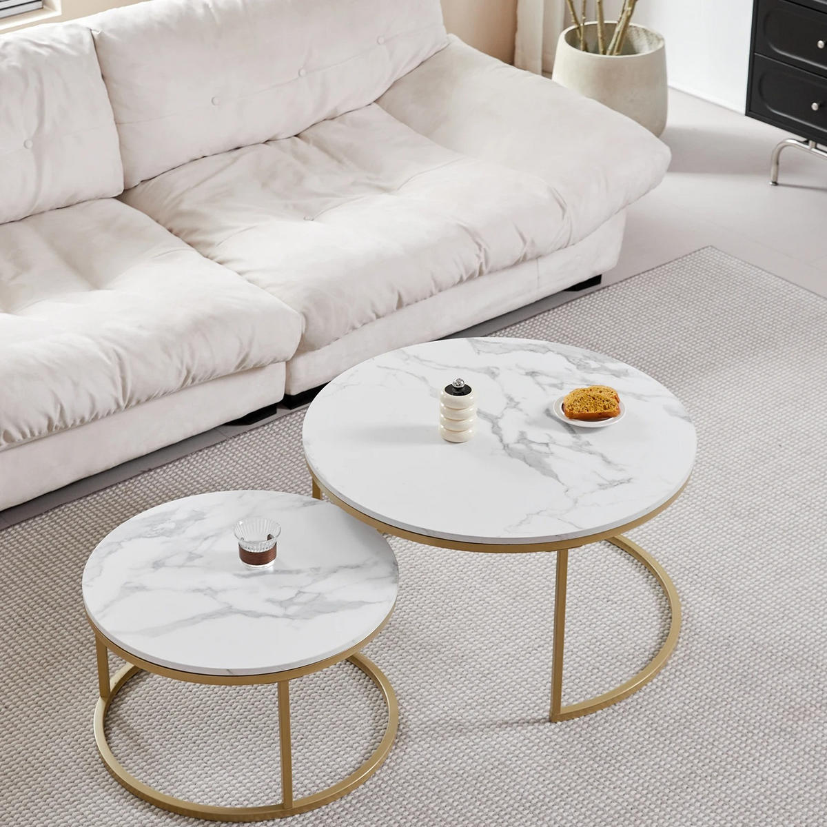 COUCHTISCH, rund, 2 in 1, 60 cm, Marmor und Glas - Weiß, Holzwerkstoff (60/100/44.5cm) - Kaket