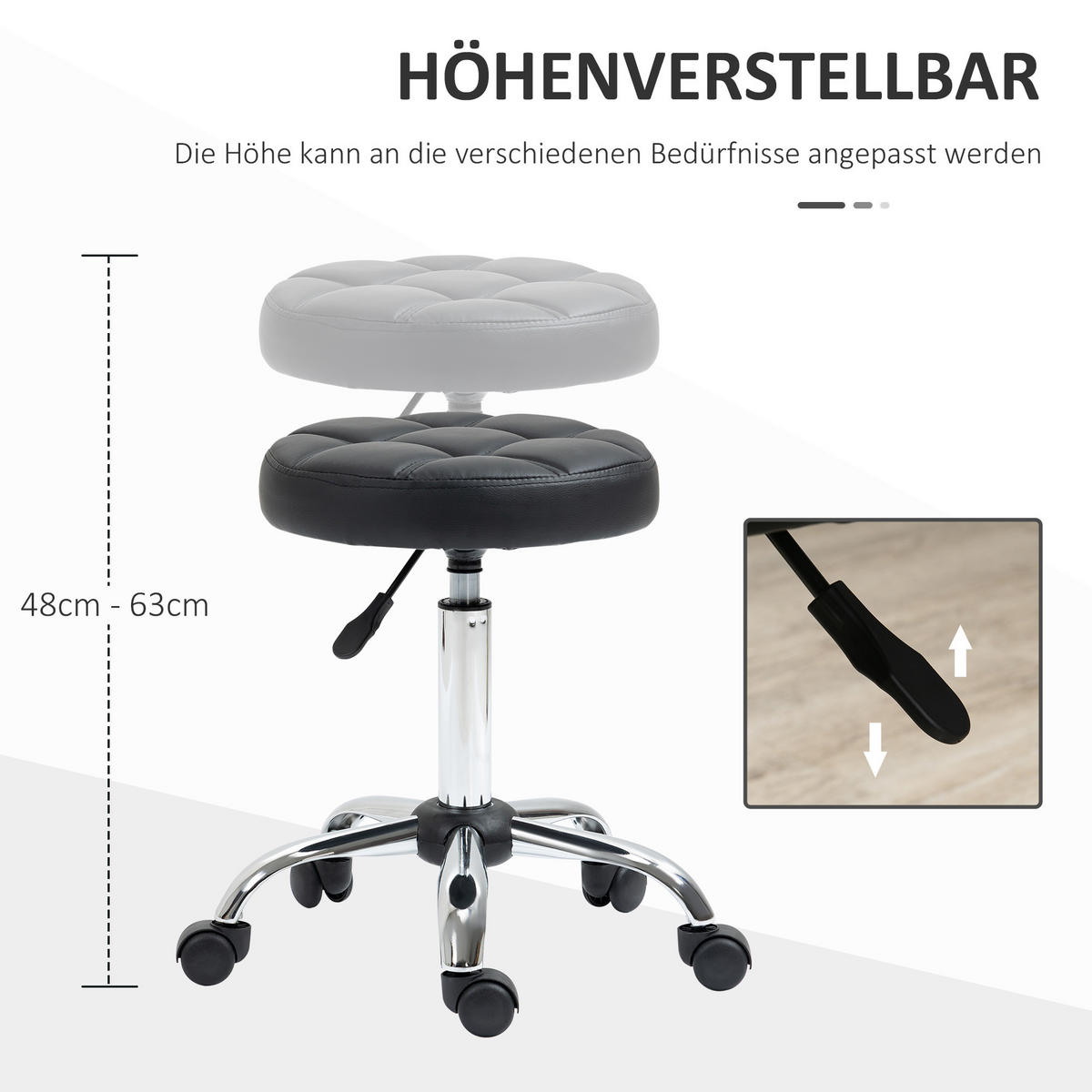 ROLLHOCKER Höhenverstellbarer Arbeitshocker, Drehbarer Salon Hocker für Büro - Schwarz, Leder (35.5/67/35.5cm) - HOMCOM