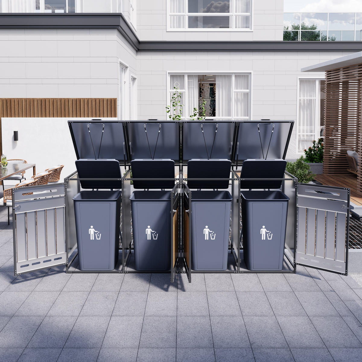 MÜLLTONNENBOX 4er Set Hydraulik Deckel Holzoptik Schloss - Schwarz, Metall (262/116/79cm) - LEBENLANG