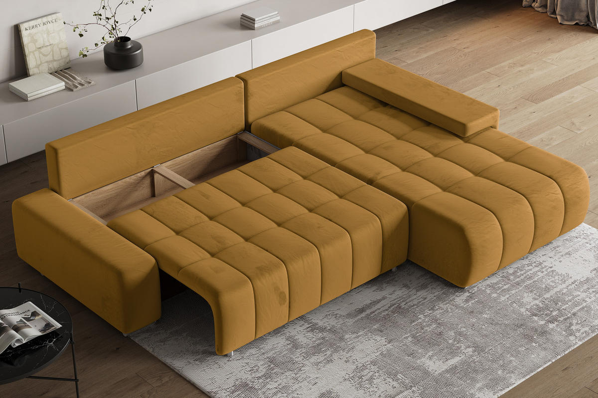 ECKSOFA ALESE R-S Gelb Velours-Stoff mit Schlaffunktion - Gelb, Holz (265/185cm) - MASSENO