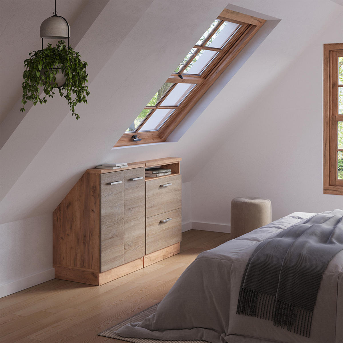 KUCHYŇSKÁ SKŘÍŇKA POD ŠIKMOU STŘECHU R-Line Dub Sonoma/Goldkraft - medově dubová/Sonoma dub, kompozitní dřevo (120/81.6/46cm) - Vicco