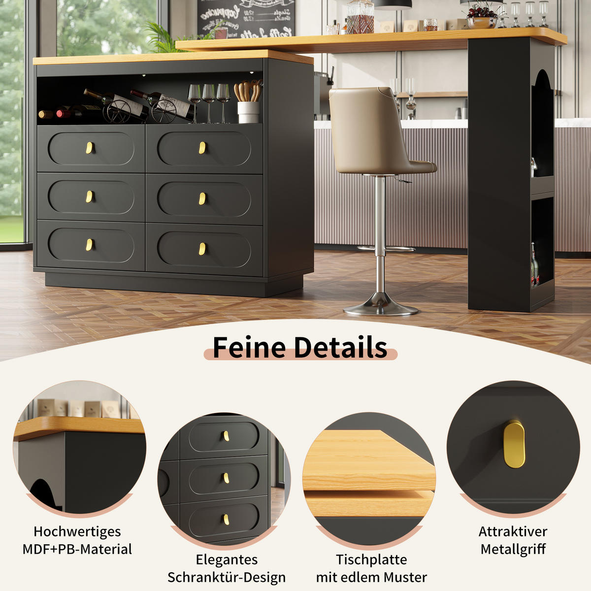 BARTISCH, MDF ausziehbar & drehbar mit Stauraum, 137-203/39/90 cm, Schwarz - Schwarz, Holzwerkstoff (39/90/137cm) - Redom