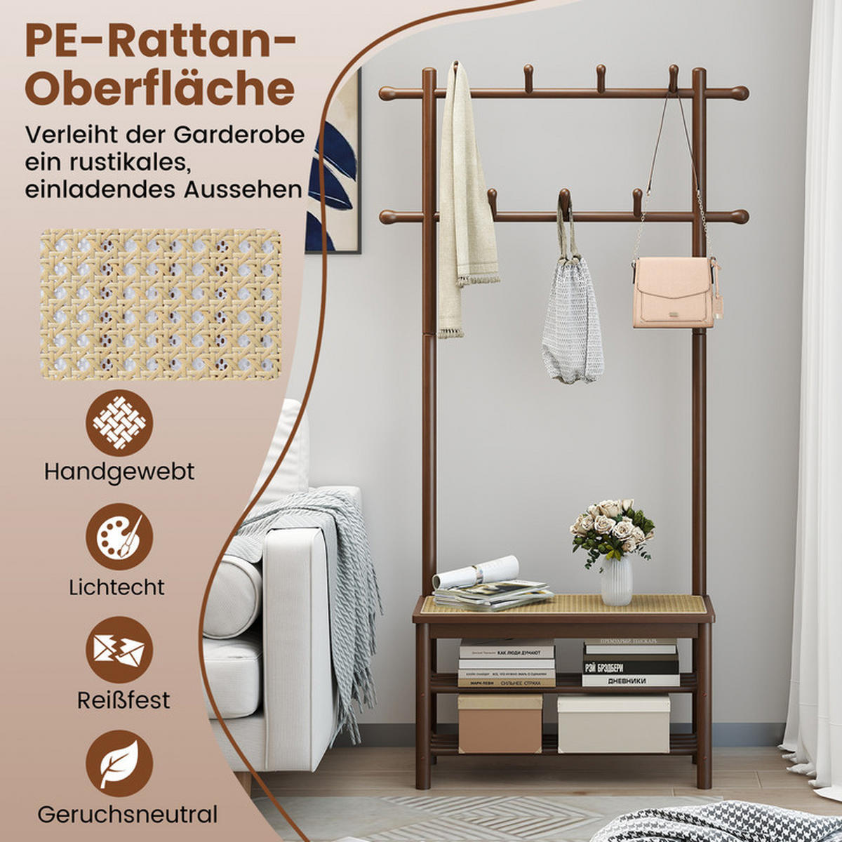 GARDEROBENSTÄNDER mit Schuhbank braun - Braun, Naturmaterialien (71/169.5/30cm) - COSTWAY