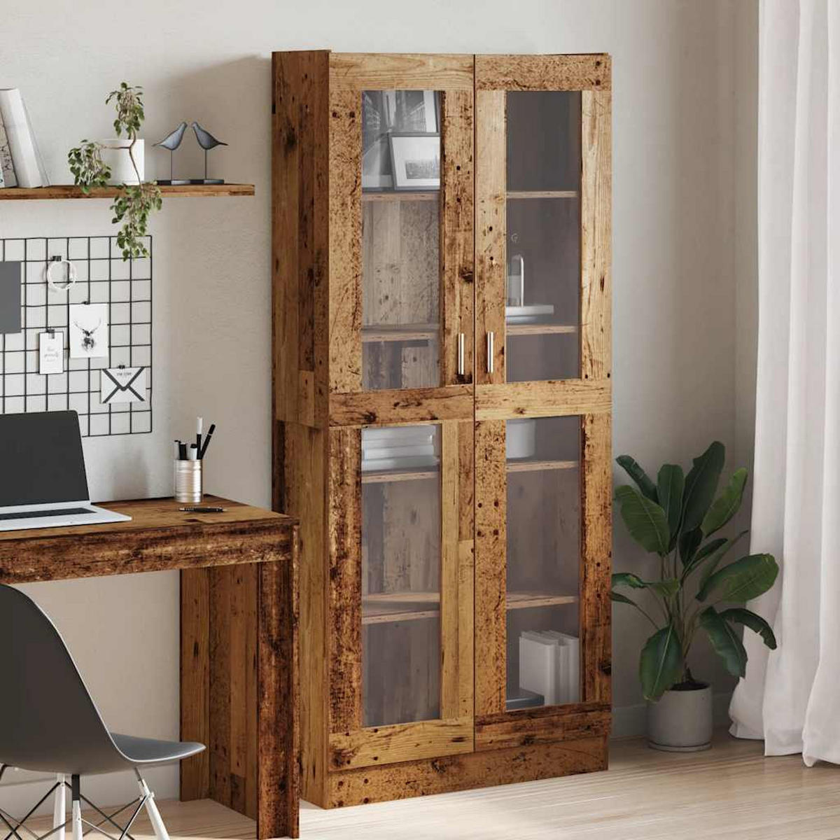 VITRINE mit Glas Türen, 4 Ablagen 82,5/30,5/185 cm aus Holzwerkstoff Altholz-Optik Dekor - Graubraun, Holz (82.5/185/30.5cm) - vidaXL