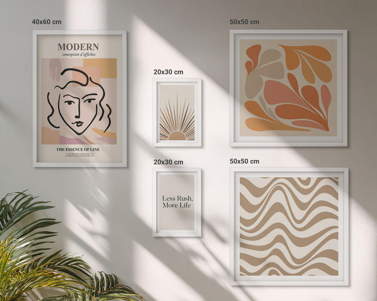 WANDBILDER 5er-Set - 50x50 cm & 20x30 cm & 40x60 cm Weißer Rahmen - Sonnen-Boho-Pastelltönen - Weiß, Kunststoff (40/60cm) - ArtPrintCave