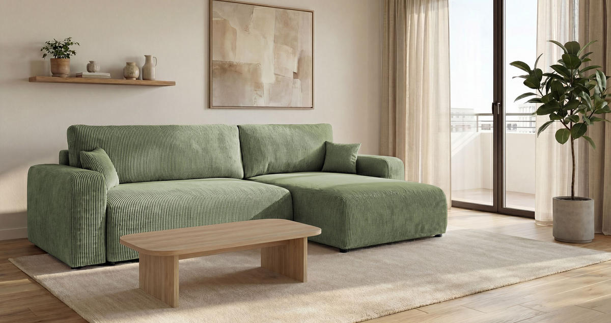 ROHOVÁ pohovka BERLIN pravá světle zelená manšestr Poso 47 - funkce spaní, úložný prostor - světle zelená, textil (285/184cm) - Cornero