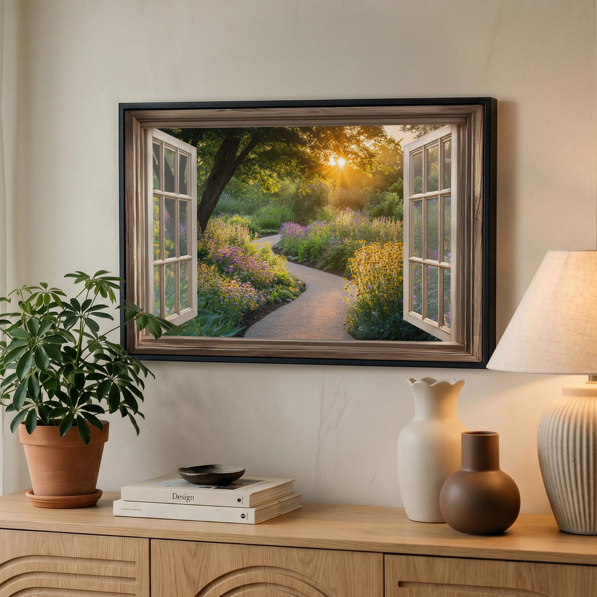 LEINWAND Bilder mit Rahmen - Aussicht - Blumen - Natur - Sonne - Weg - 60x40 - Hellgelb, Textil (60/40cm) - MuchoWow