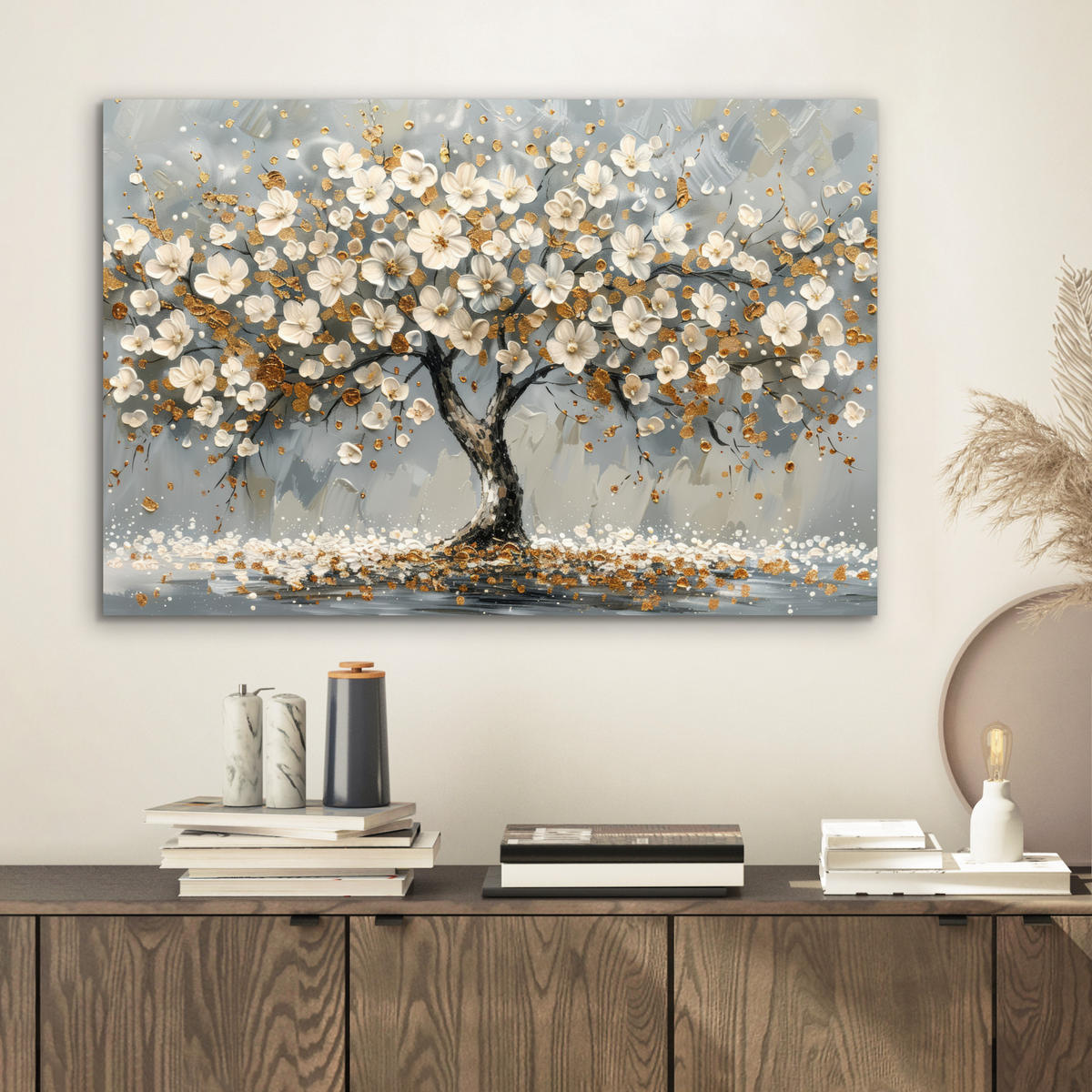METALLBILD Baum - Blumen - Weiß - Natur - Kunst 60x40 cm - Weiß, Metall (60/40cm) - MuchoWow