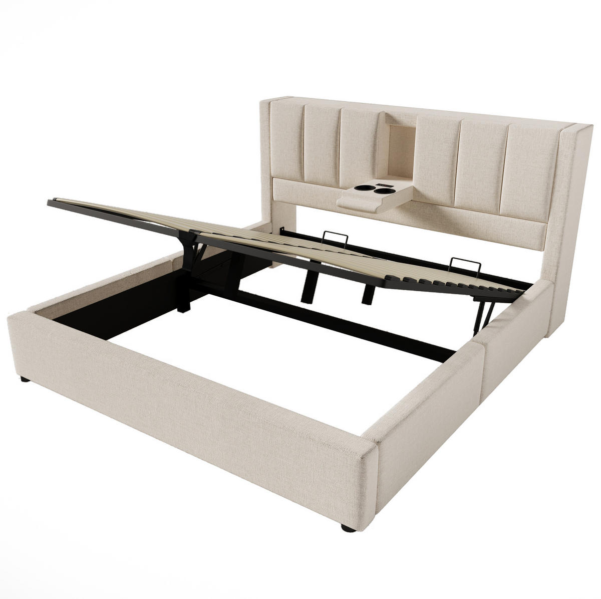 POLSTERBETT 160/200 cm aus Leinen mit Stauraum und Ladestation mit verstecktem Becherhalter Beige - Beige, Textil (160/200cm) - Modenvie
