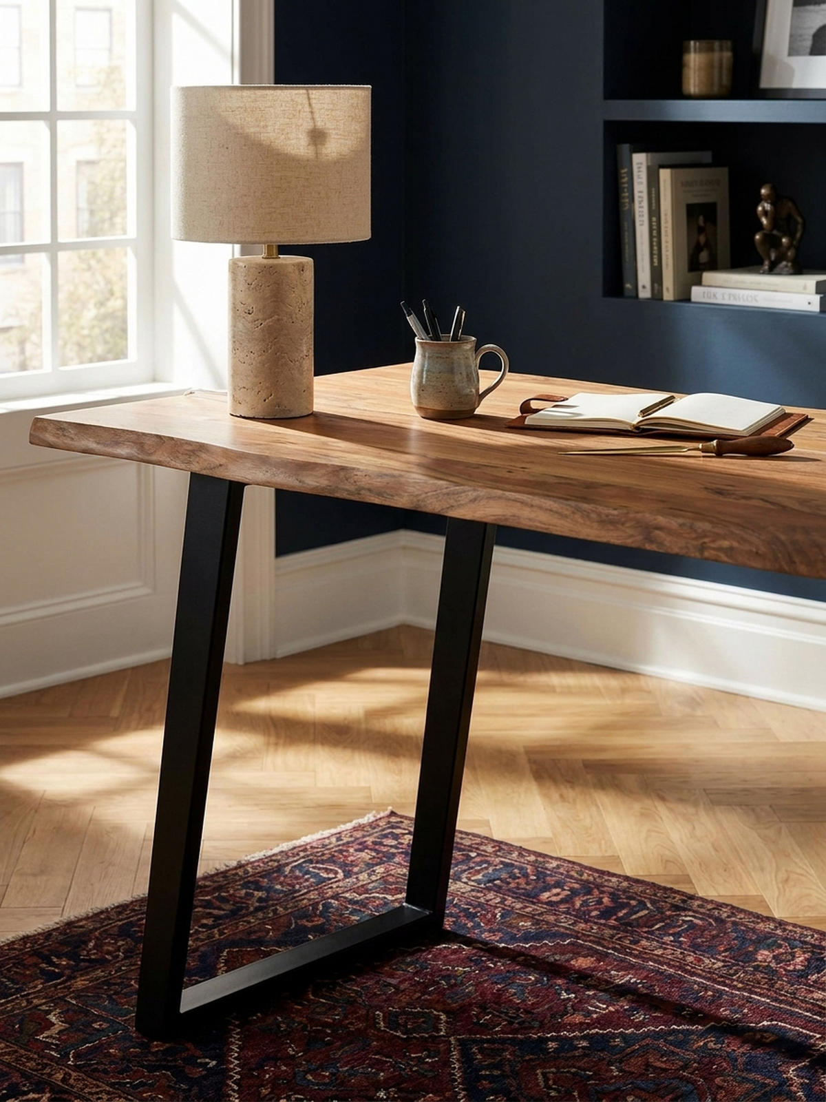 SCHREIBTISCH Massivholz Baumkante U-Gestell Handarbeit ATOLL, Goldbraun-Schwarz 120x60x76 cm - Schwarz/Braun, Holz/Metall (120/60/76cm) - KADIMA DESIGN