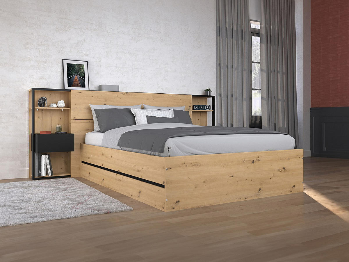 BETT mit Bettkasten - 2 Personen - Holz, Platte - Schwarz, Naturfarben Hell - Schwarz/Naturfarben, Holz (140/190cm) - Vente-Unique